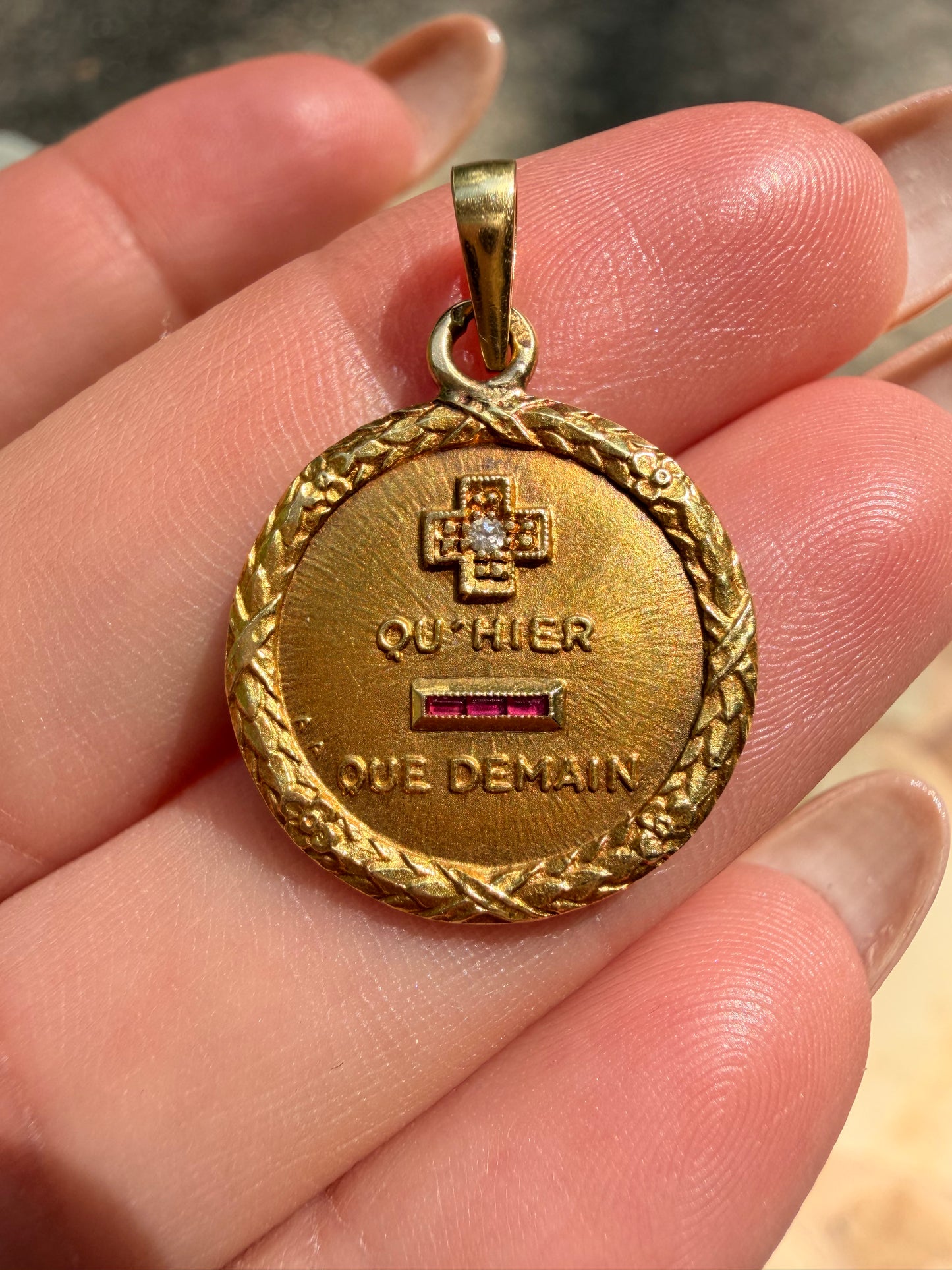 Vintage yellow 18K gold Augis 'Qu'hier Que Demain' love token with diamond and ruby pendant