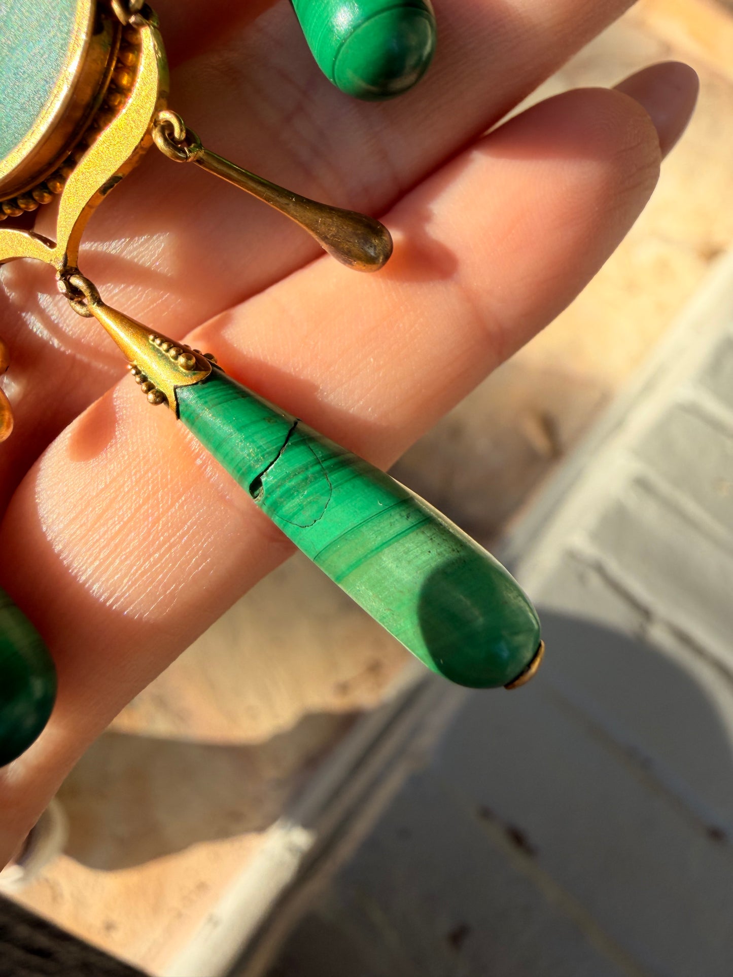 Antique yellow 18K tubogas malachite drop necklace, 16 and 1/8 inch