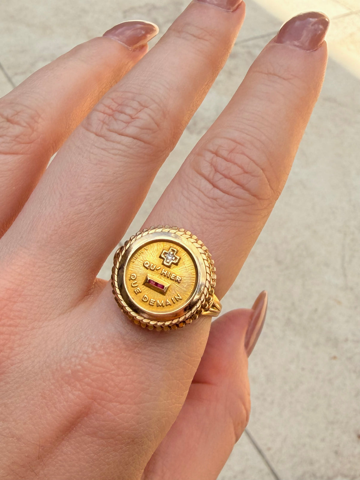 Vintage 18K diamond and ruby Augis French "QU' HIER QUE DEMAIN" ring, size 7.5 sizable