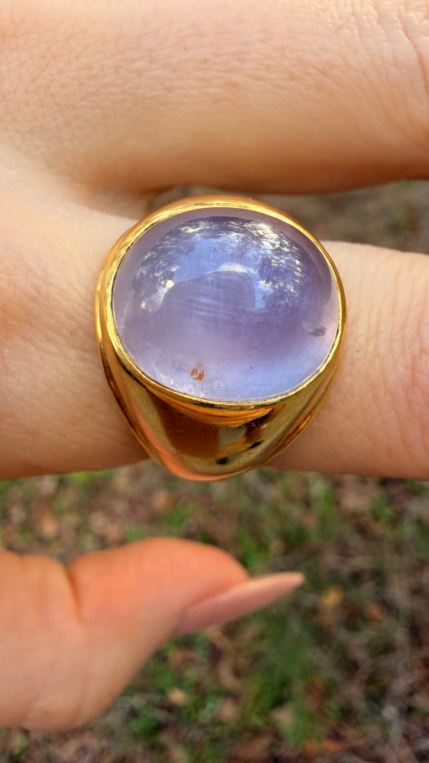 Vintage yellow 18K natural unheated 19.3 ctw purple pink sapphire cabochon ring, size 8.5 sizable