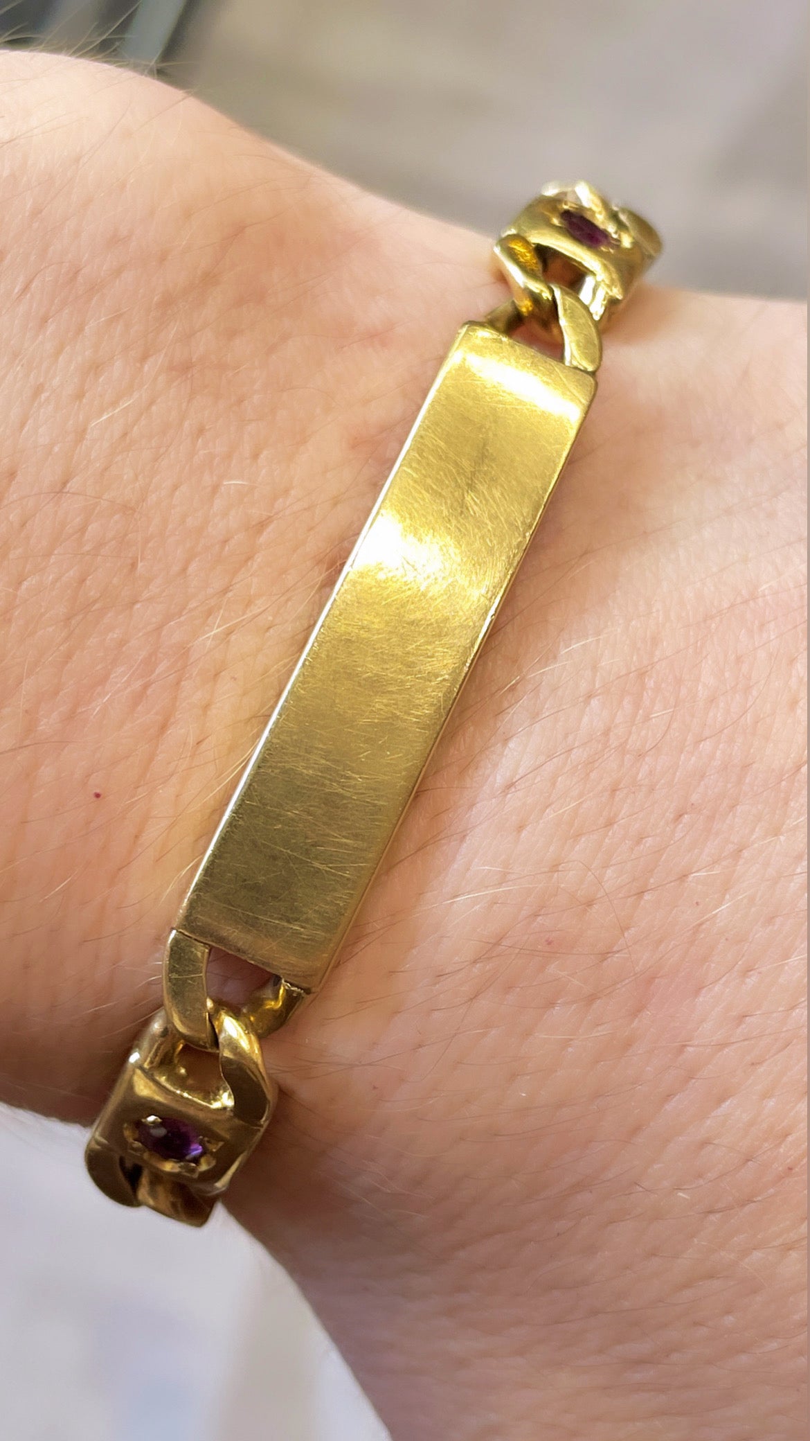 Vintage yellow 18K solid curb link ID bracelet with natural rubies, 8 and 1/8 inch