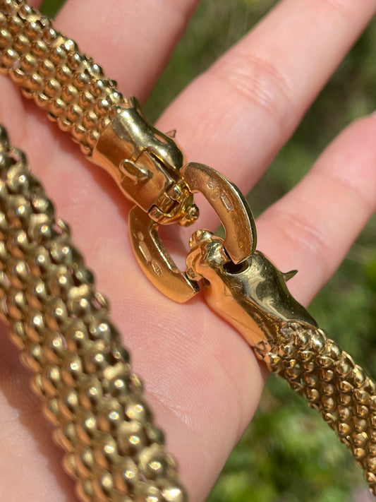 Vintage yellow 18K Riccardo Masella designer Panther clasp bead link collar necklace, 16 inch