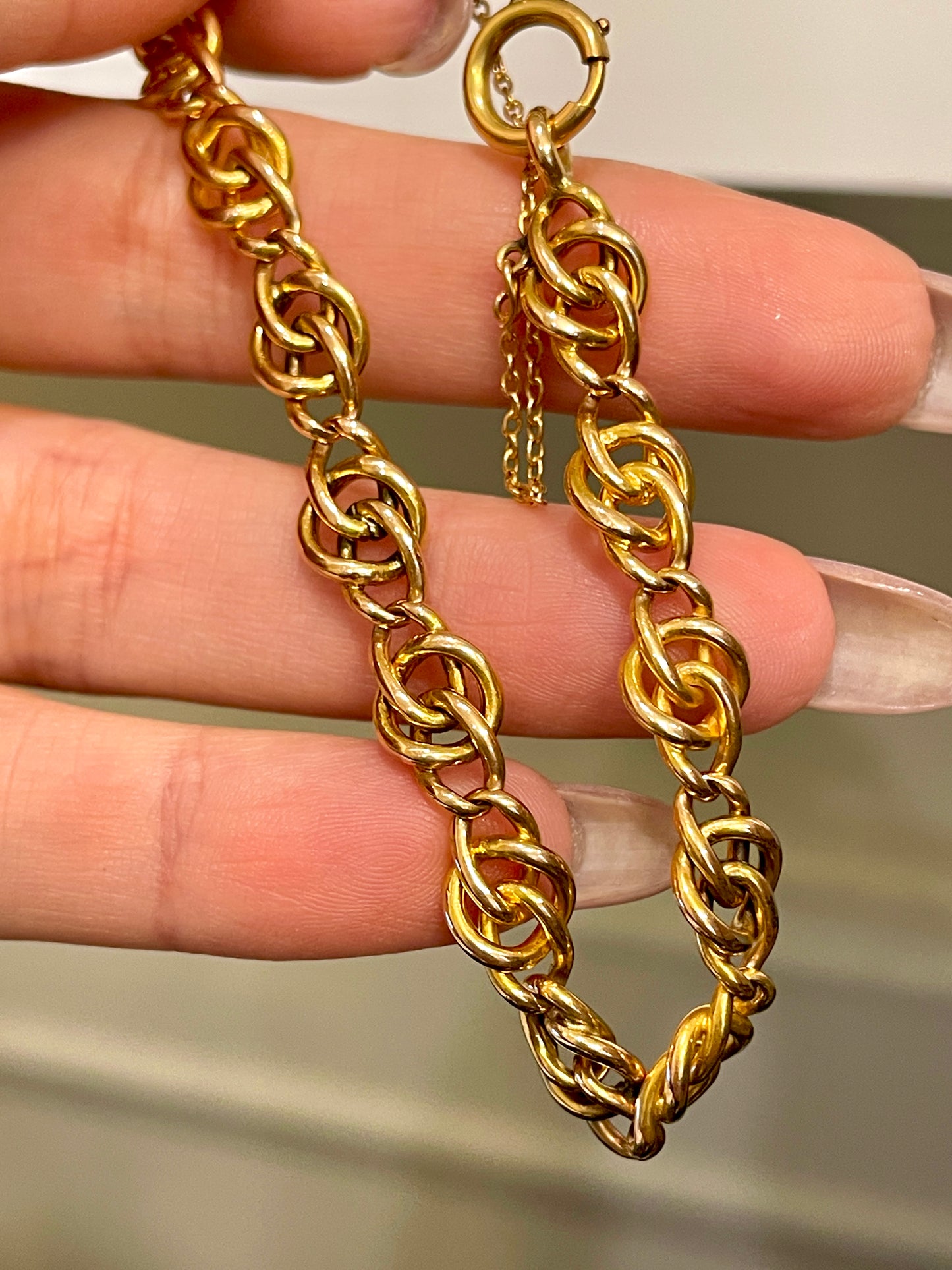 [PRIVATE] Vintage solid rose and yellow 18K gold love knot link bracelet with safety chain, 7.75 inch