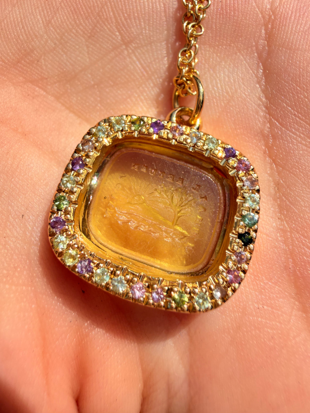 Antique 18K intaglio set in custom yellow 18K tourmaline border pendant by Bauble Magpie