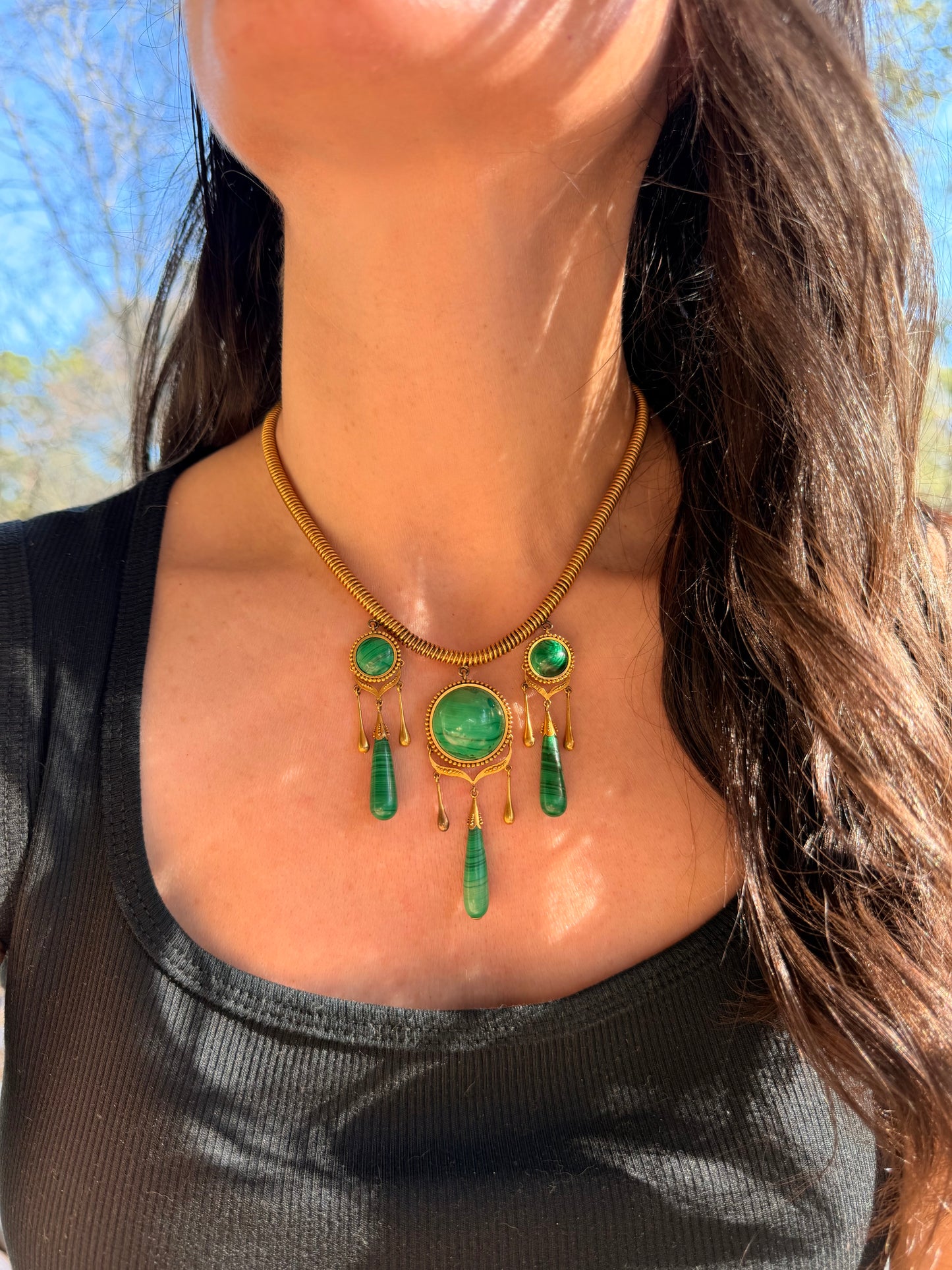 Antique yellow 18K tubogas malachite drop necklace, 16 and 1/8 inch