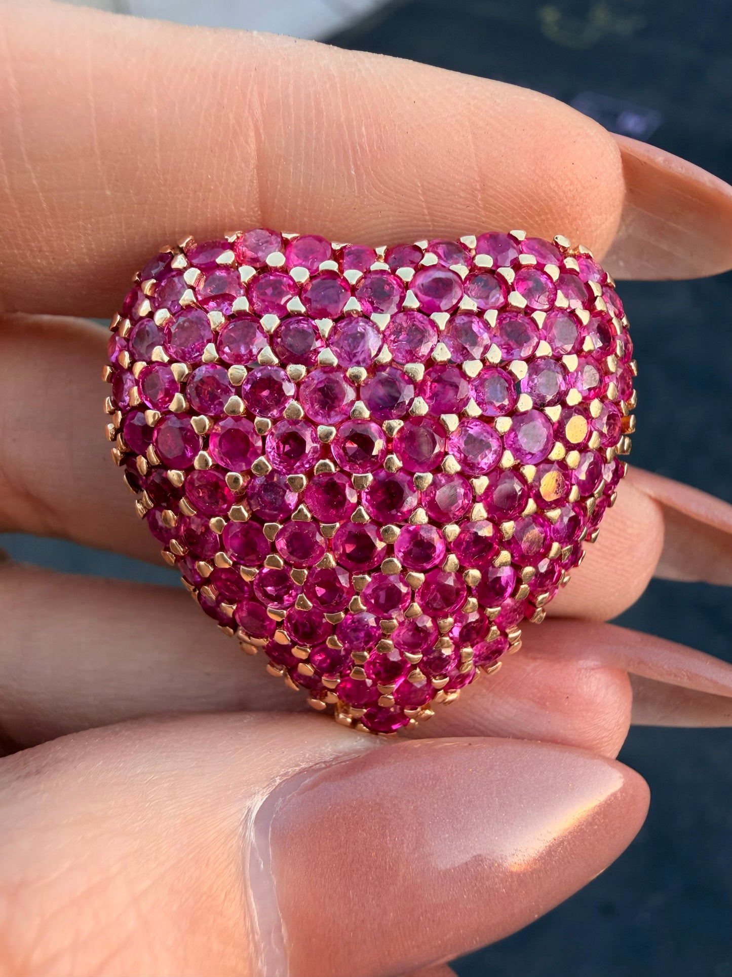 Vintage yellow 14K over 7ctw natural ruby heart pendant/brooch