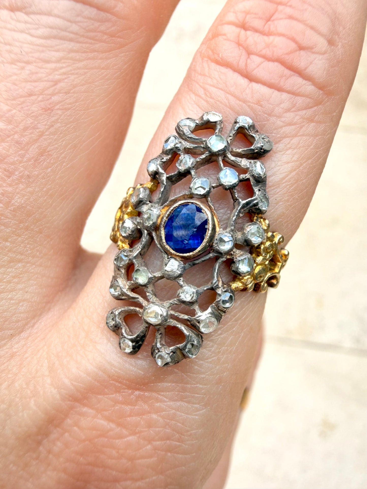 Antique yellow 18K gold ring with approx .48ctw rose cut diamond and .42 ctw sapphire, size 7