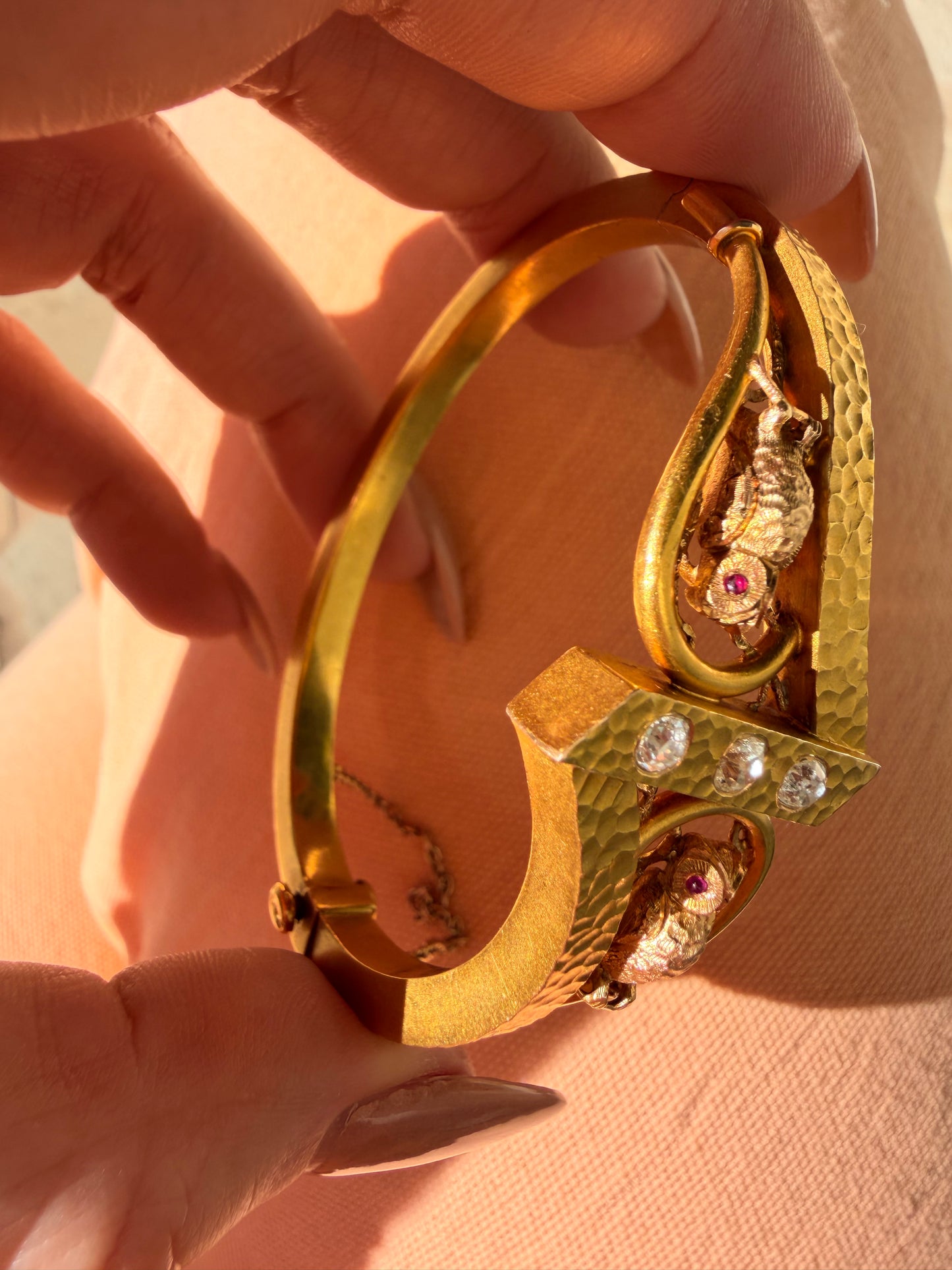 Antique 14K owls hinge bangle with approx .35ctw old mine cut diamonds