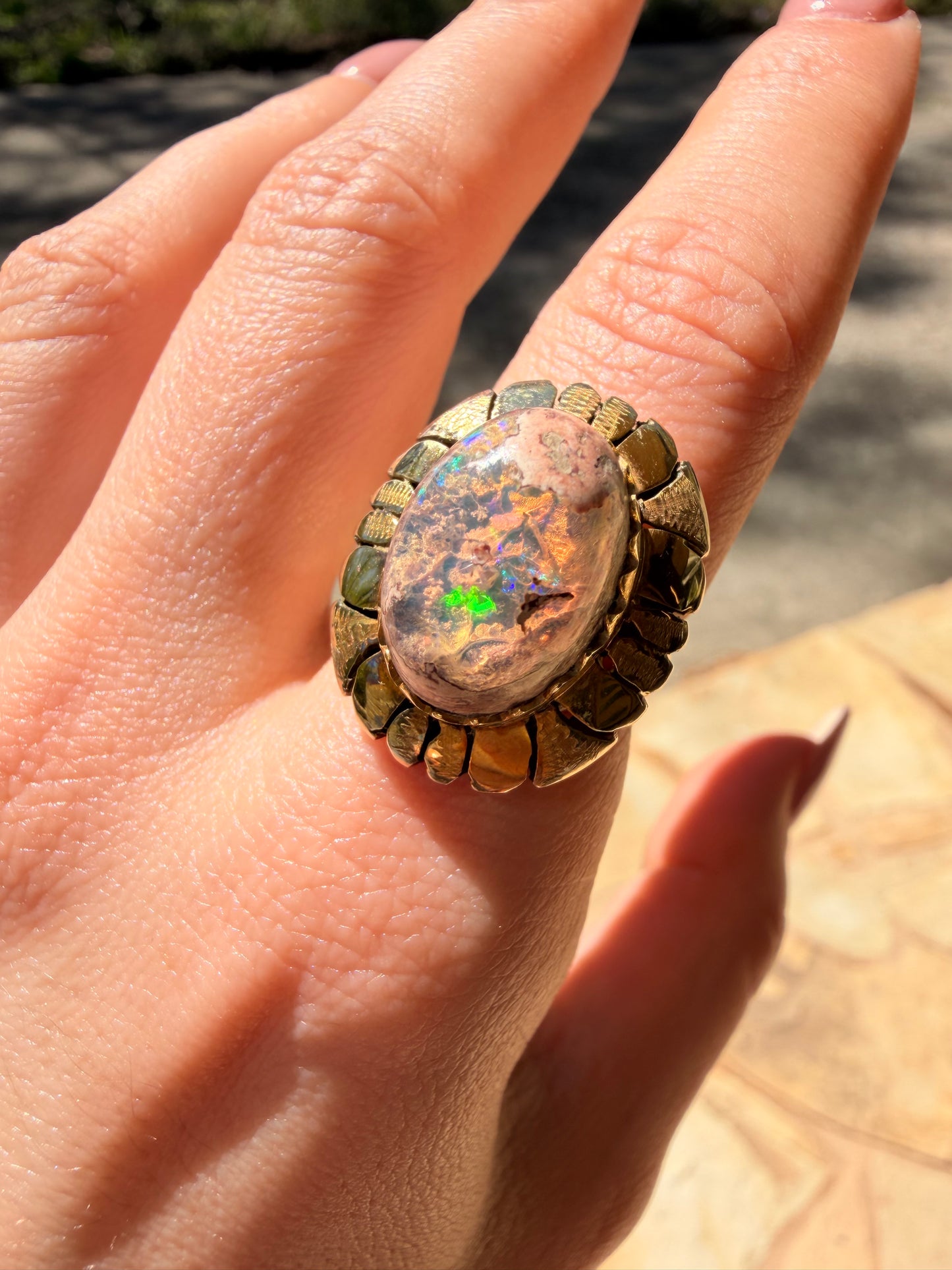 Vintage yellow 18K Boulder opal statement ring, size 7-7.25