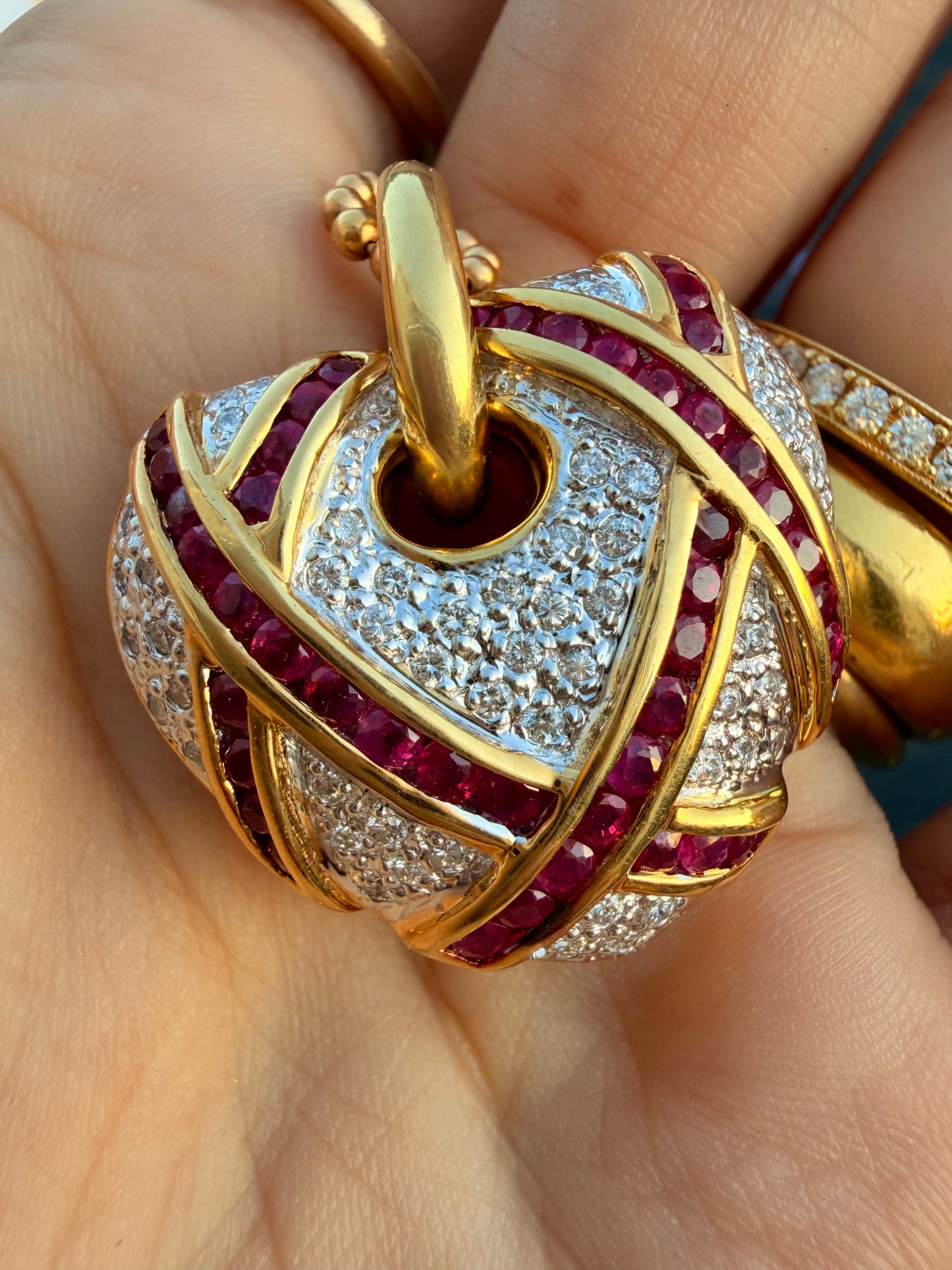 Vintage 18K approx 1.75ctw natural ruby and .55ctw diamond wrapped heart pendant