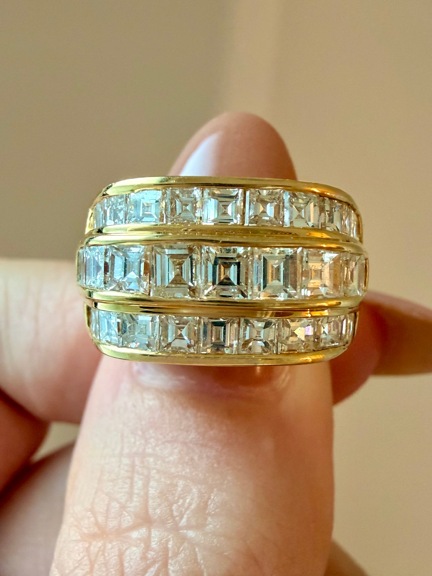 Vintage yellow 18K gold 2.2 ctw step cut diamond triple row band, size 6.25