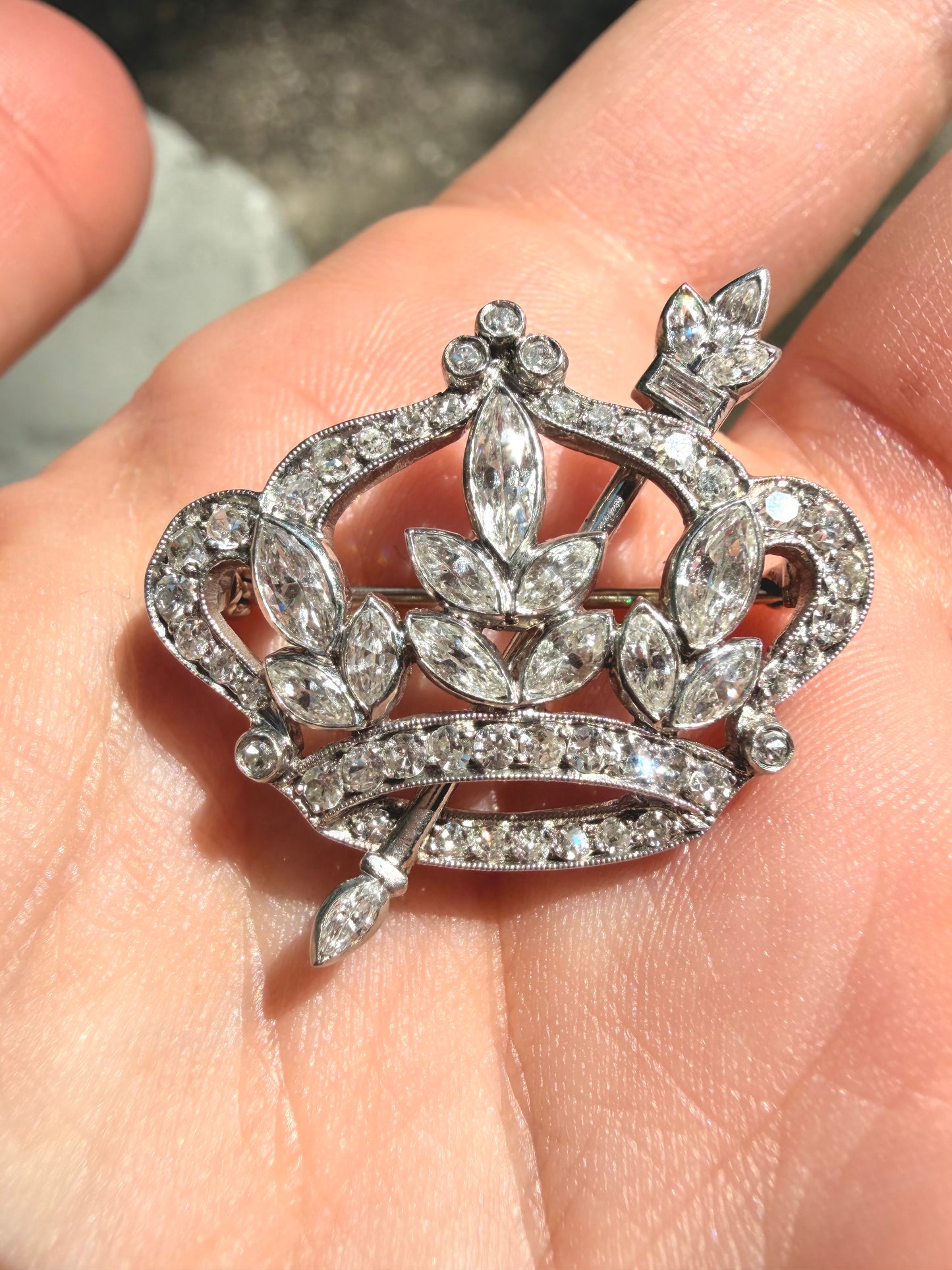 Antique Platinum and 14K gold and approx 2.7 ctw diamond crown pin