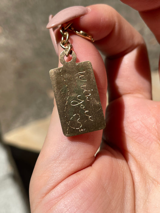 Vintage yellow 14K hand engraved Take Me With You airline tag pendant