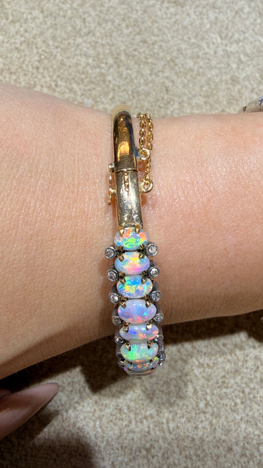 Antique 14K natural opal and rose cut diamond hinge bangle