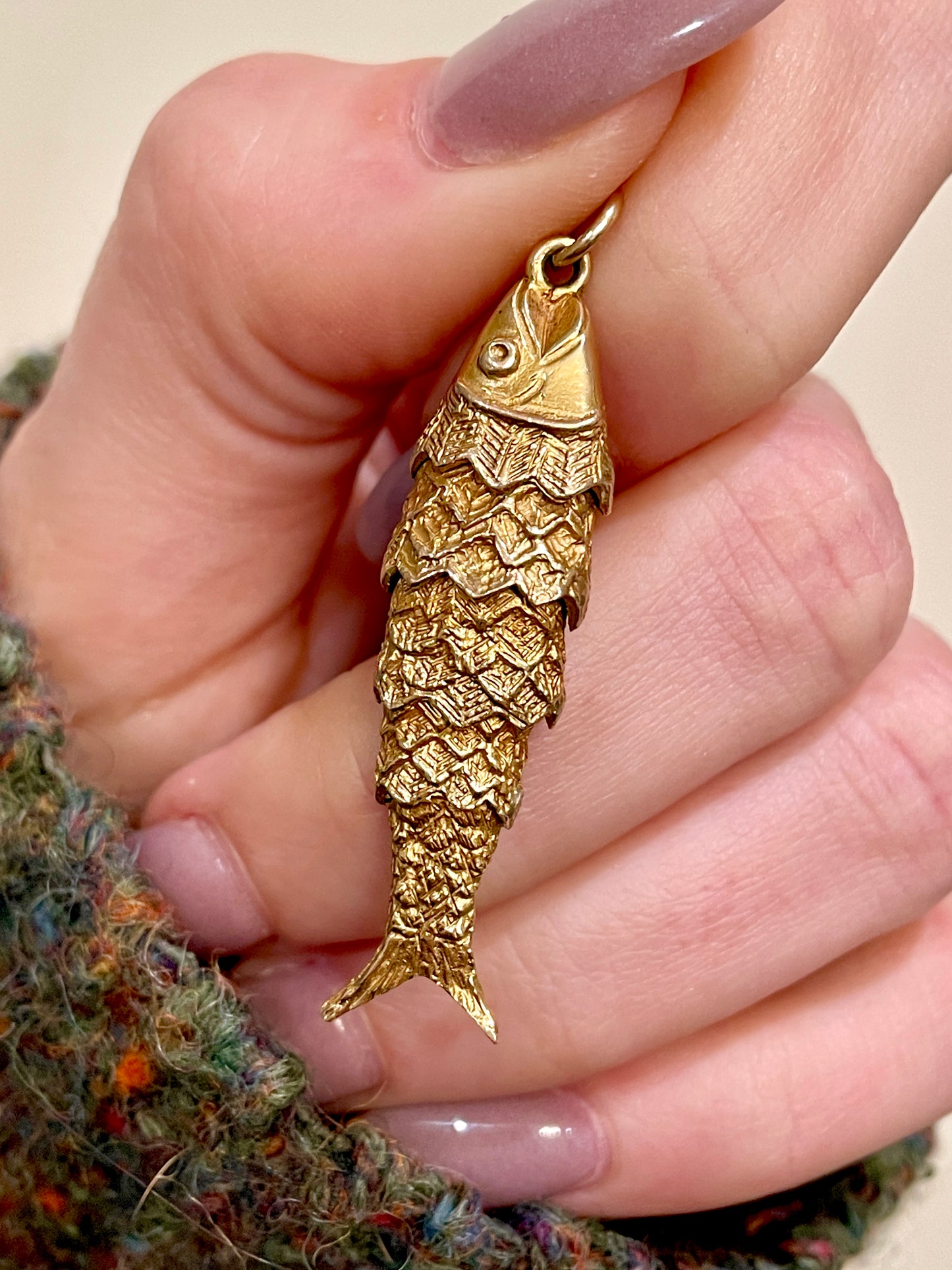 Vintage yellow 14K gold midcentury articulated fish pendant