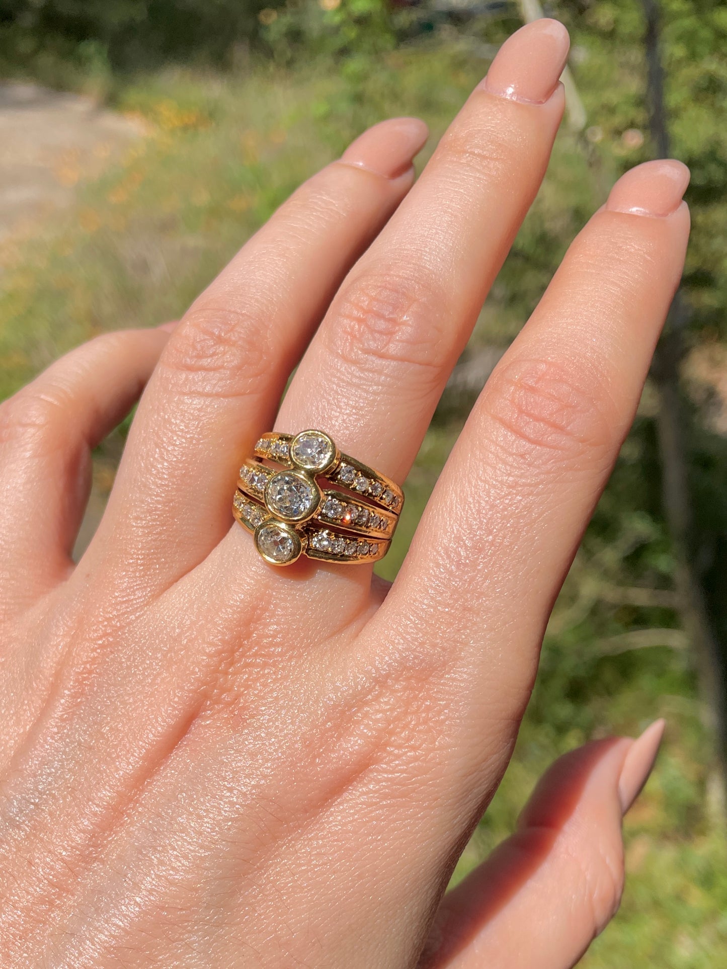 Antique yellow 18K approx 1.8 ctw old mine cut diamond statement ring, size 7