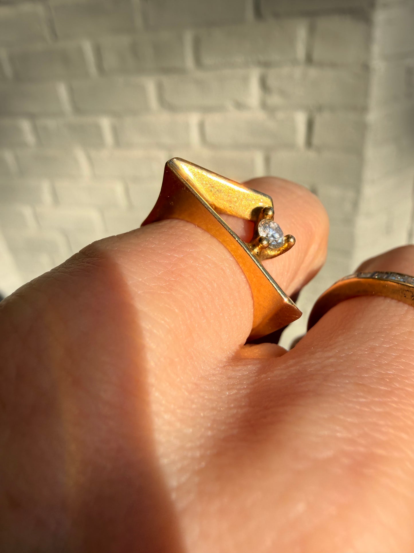 Vintage yellow 18K gold angled ring with diamond, circa 1970's, size 5