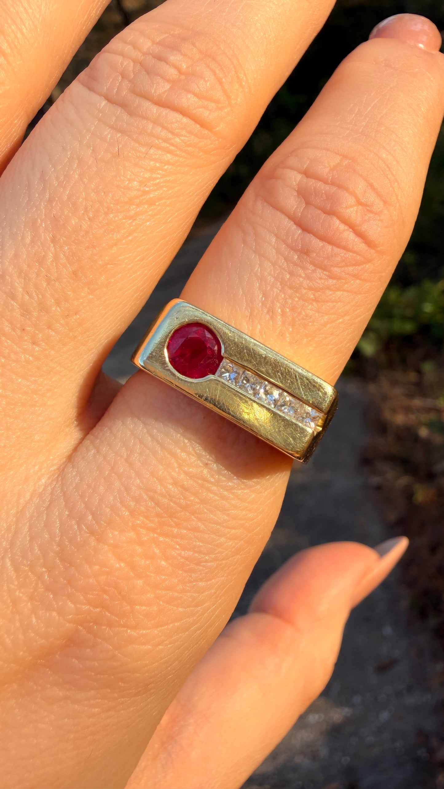 [PRIVATE] Vintage yellow 14K approx .55ctw natural ruby and .08ctw princess cut diamond rectangular face ring, size 7.75