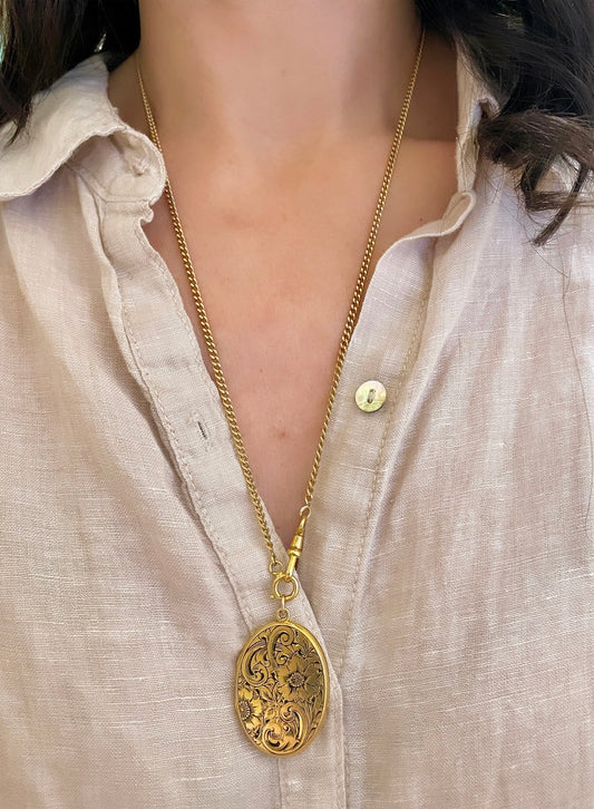 [PRIVATE] Antique yellow 18K curb link watch chain with dog clip, 23.5 inch