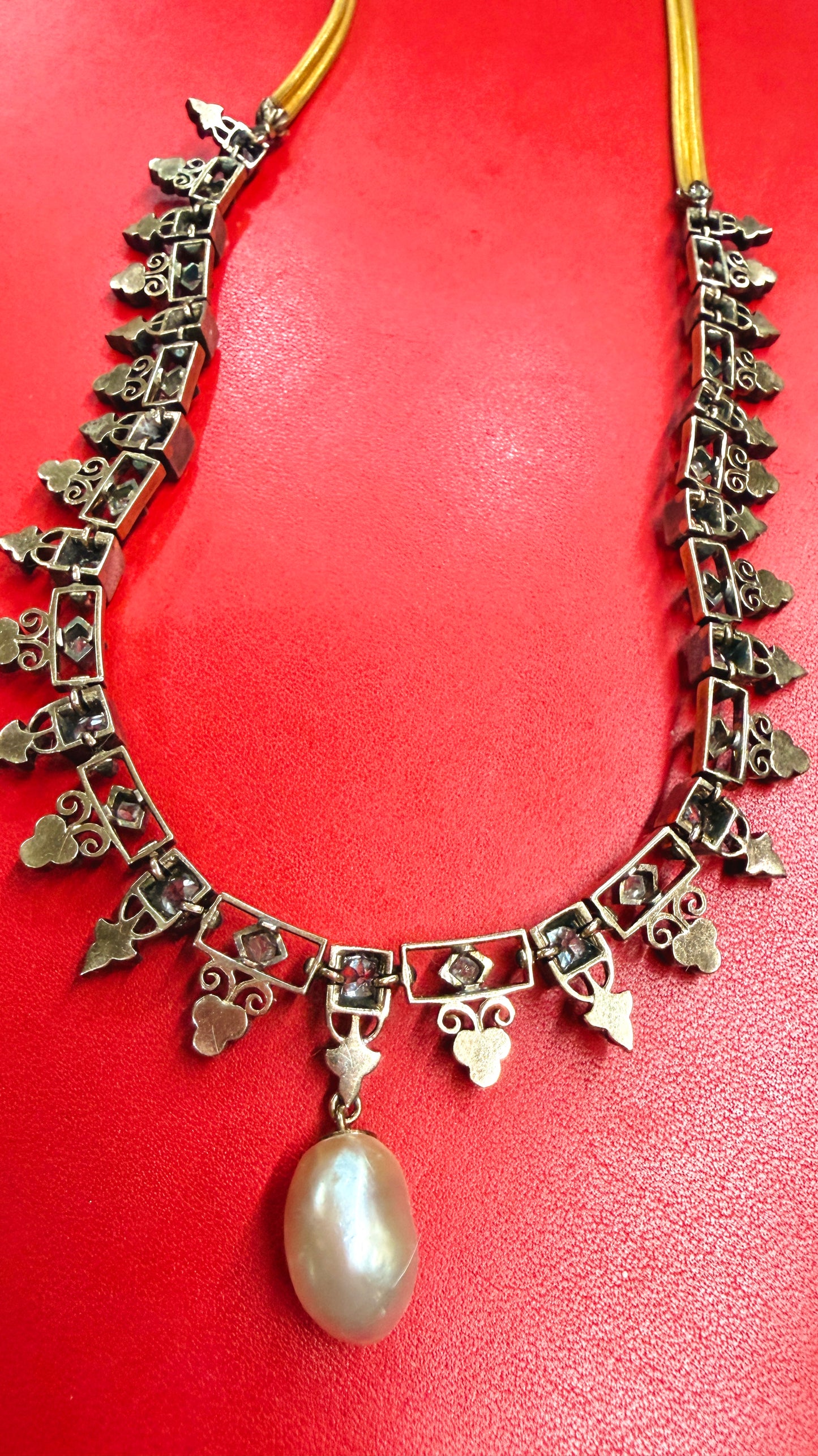 Antique 21K gold and silver topped over 7ctw Old Mine Cut diamond, rose cut diamond and pearl fringe chain, 16 and 7/8 inch