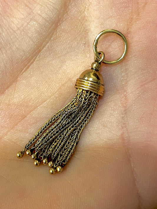 Antique yellow 14K tassel with bead ball ends pendant
