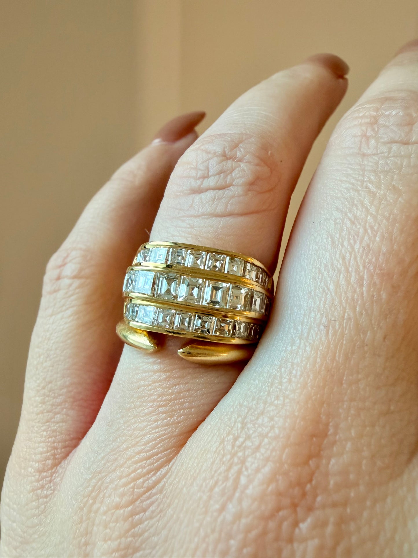 Vintage yellow 18K gold 2.2 ctw step cut diamond triple row band, size 6.25