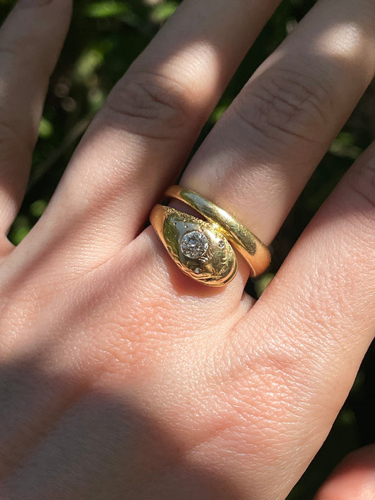 Antique yellow 18K happy face snake ring with approx .27 ctw old European cut diamond and rose cut diamond eyes, size 6.75-7