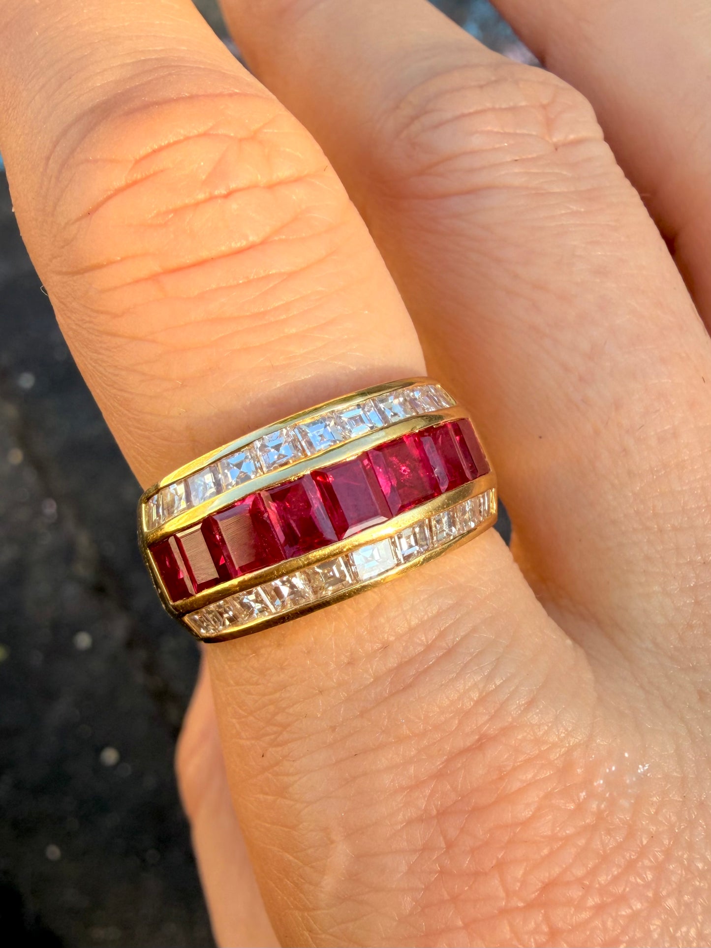 Vintage yellow 18K square cut 2ctw natural ruby and 1.3ctw square step cut diamond wide ring, size 8-8.25