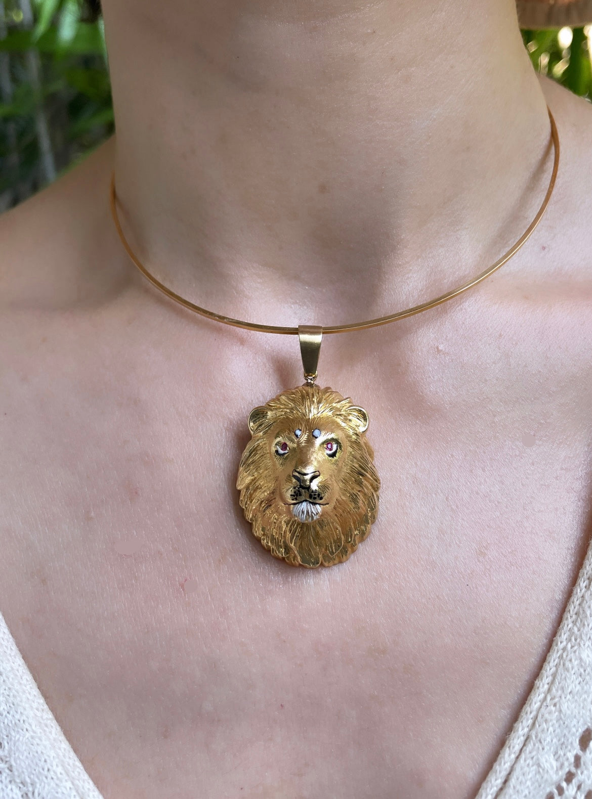 Vintage yellow 18K Lion statement pendant with enamel and ruby eyes