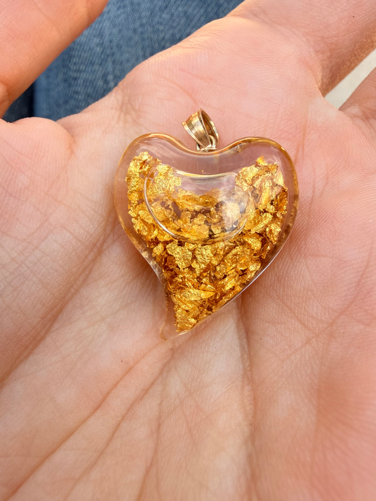 Vintage 14K pure gold flakes in oil heart pendant
