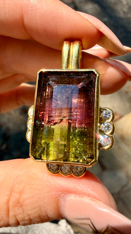 Vintage yellow 18K ribbed .63 ctw diamond and 36ctw bicolor tourmaline earrings and enhancer pendant