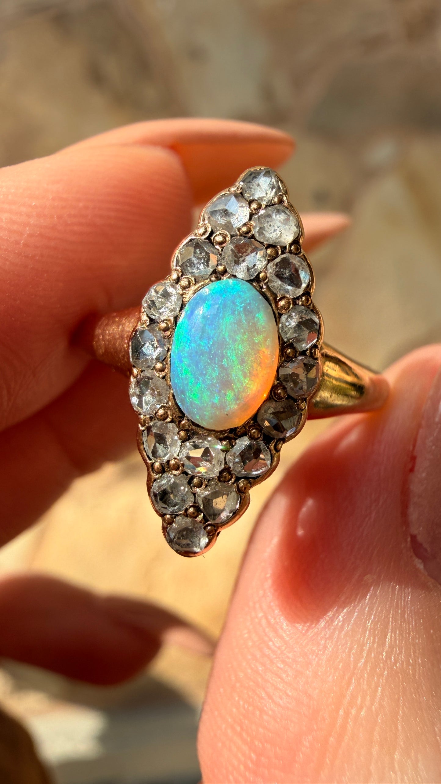 Antique yellow 14K opal and approx .4ctw rose cut diamond navette ring, size 5