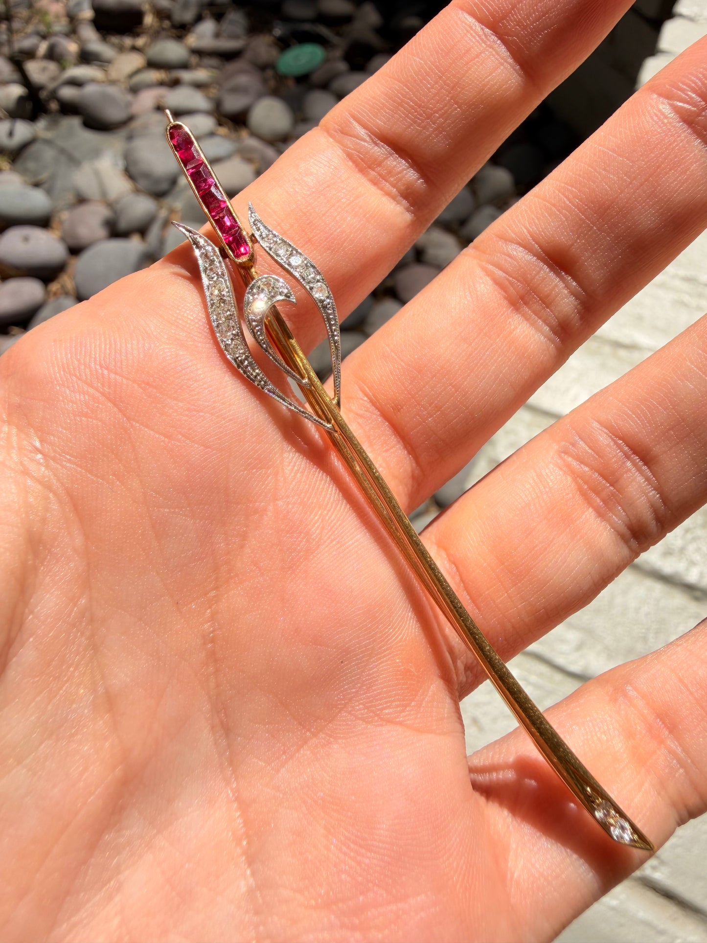 Vintage French 18K ruby and old cut Diamond cattail brooch