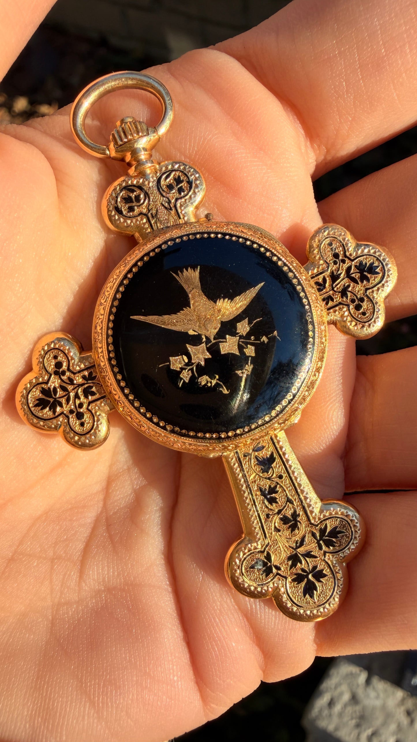 Antique Victorian yellow 18K symbolic cross watch pendant with rose cut diamonds and enamel
