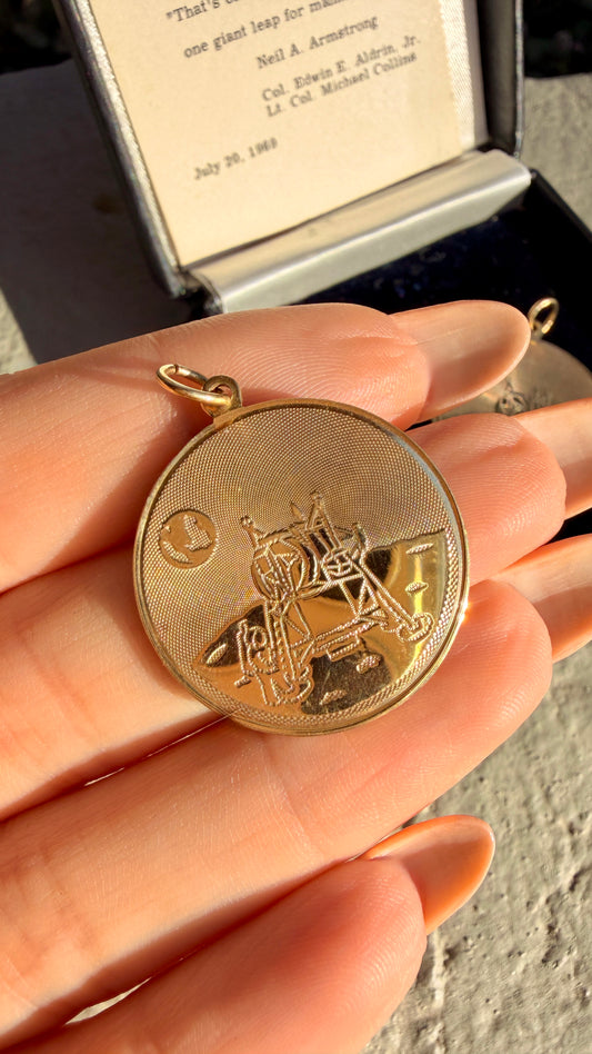 Vintage yellow 14K commemorative Moon Landing pendants with box from 1969