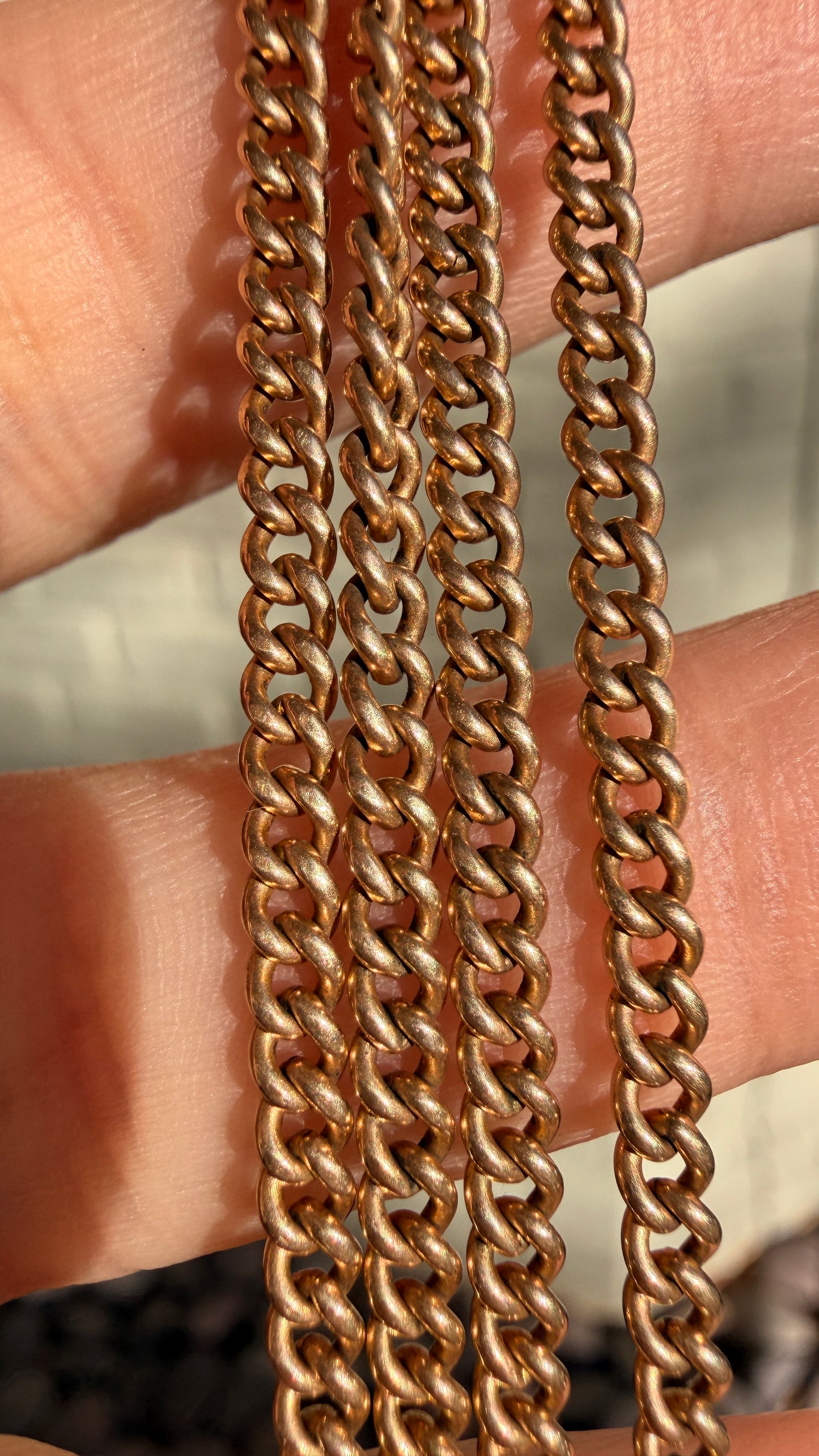 Antique yellow 14K round curb watch chain, 17.75 inch with movable T bar dangle