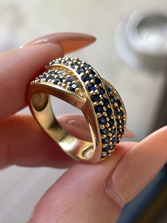 Vintage yellow 14K approx 1.04 ctw sapphire crossover ring, size 6.5-6.75