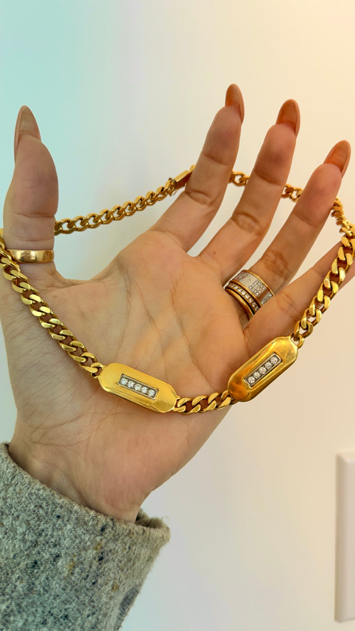 Vintage yellow 18K Chimento designer diamond bars curb chain, 15 inch