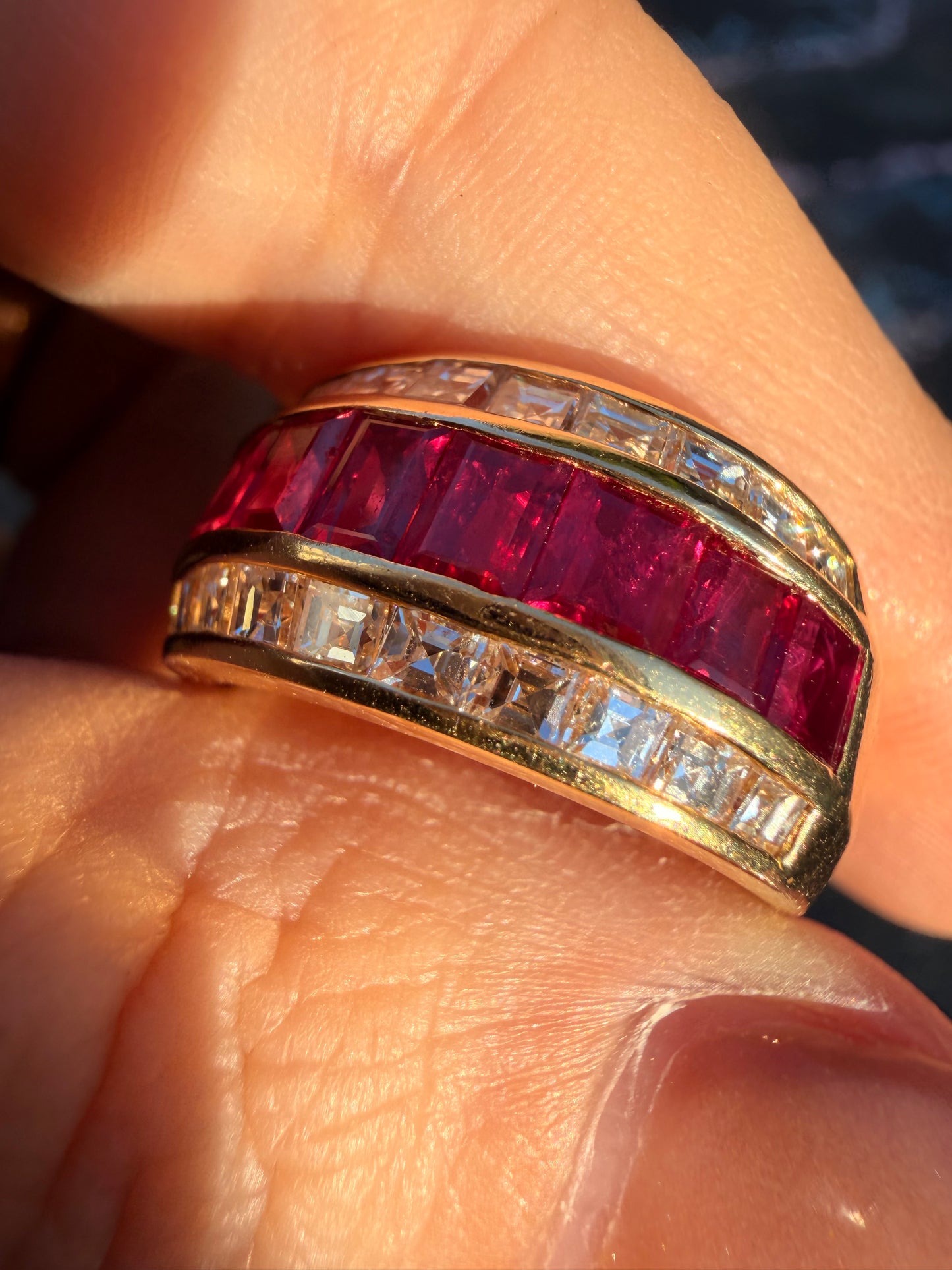 Vintage yellow 18K square cut 2ctw natural ruby and 1.3ctw square step cut diamond wide ring, size 8-8.25
