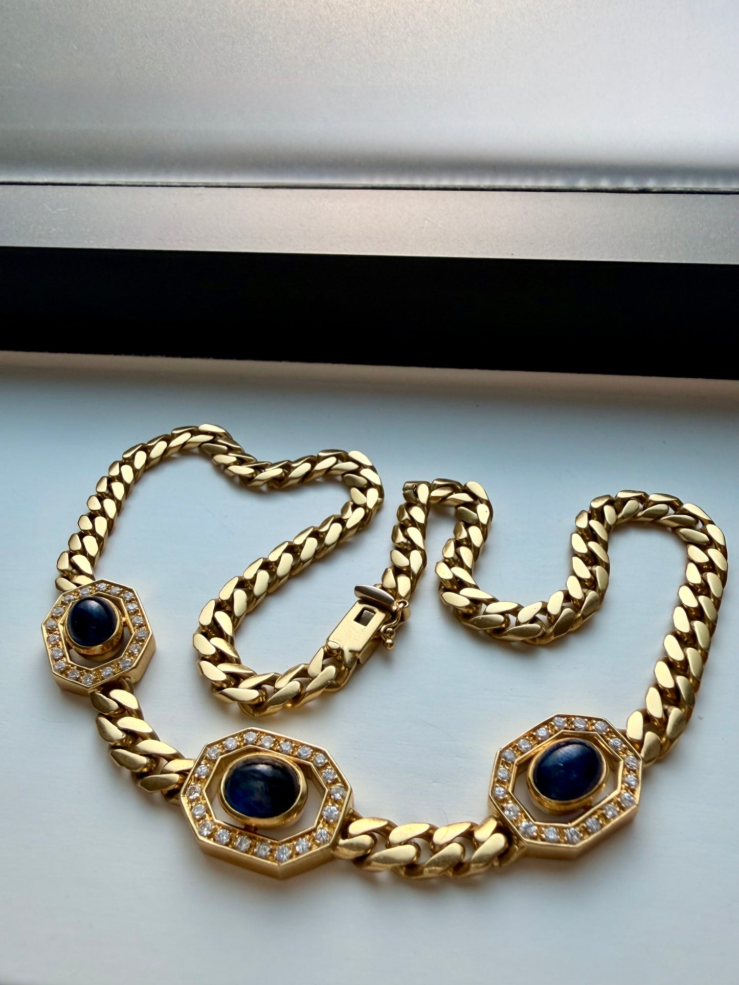 Vintage yellow 18K approx 4.5 ctw sapphire and .75 ctw diamond curb link statement necklace, 15.5 inch