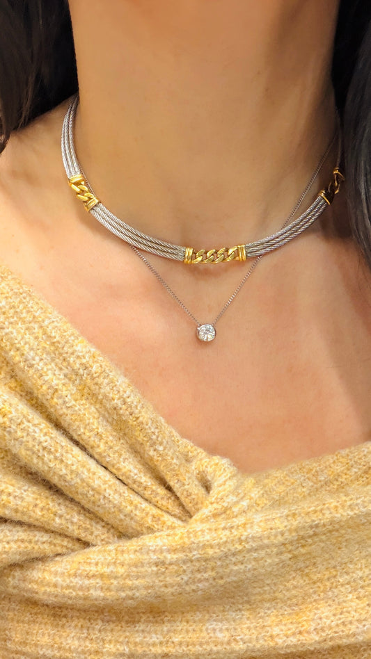 Vintage yellow 18K and steel Fred Paris designer Force 10 collar necklace, 14.5 inch