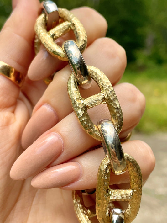 Vintage 14K two tone textured mariner link bracelet, 7.75 inch or 6.5 inch