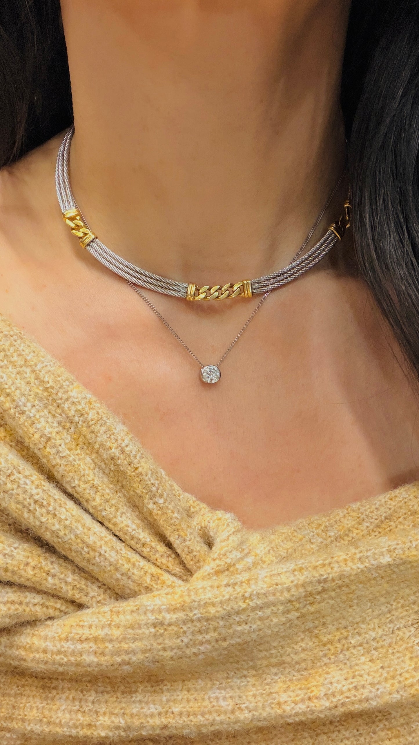 Vintage yellow 18K and steel Fred Paris designer Force 10 collar necklace, 14.5 inch