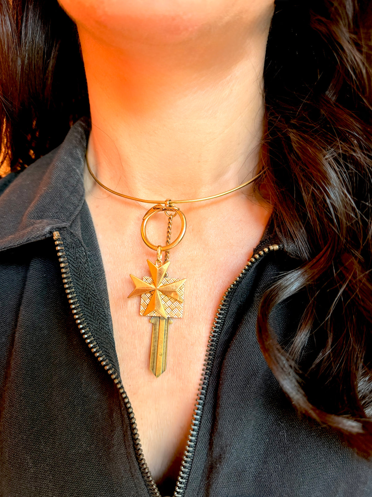 Vintage yellow 14K gold and brass key keychain or charm holder