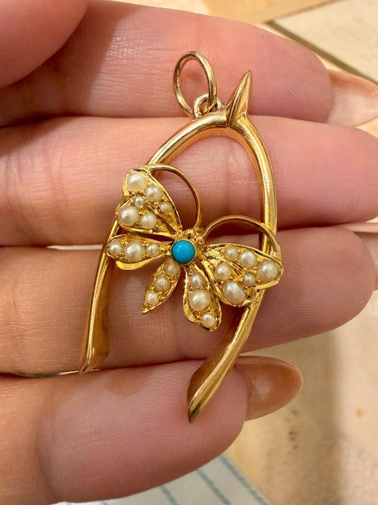 Antique yellow 15K gold wishbone with pearl and turquoise butterfly pendant