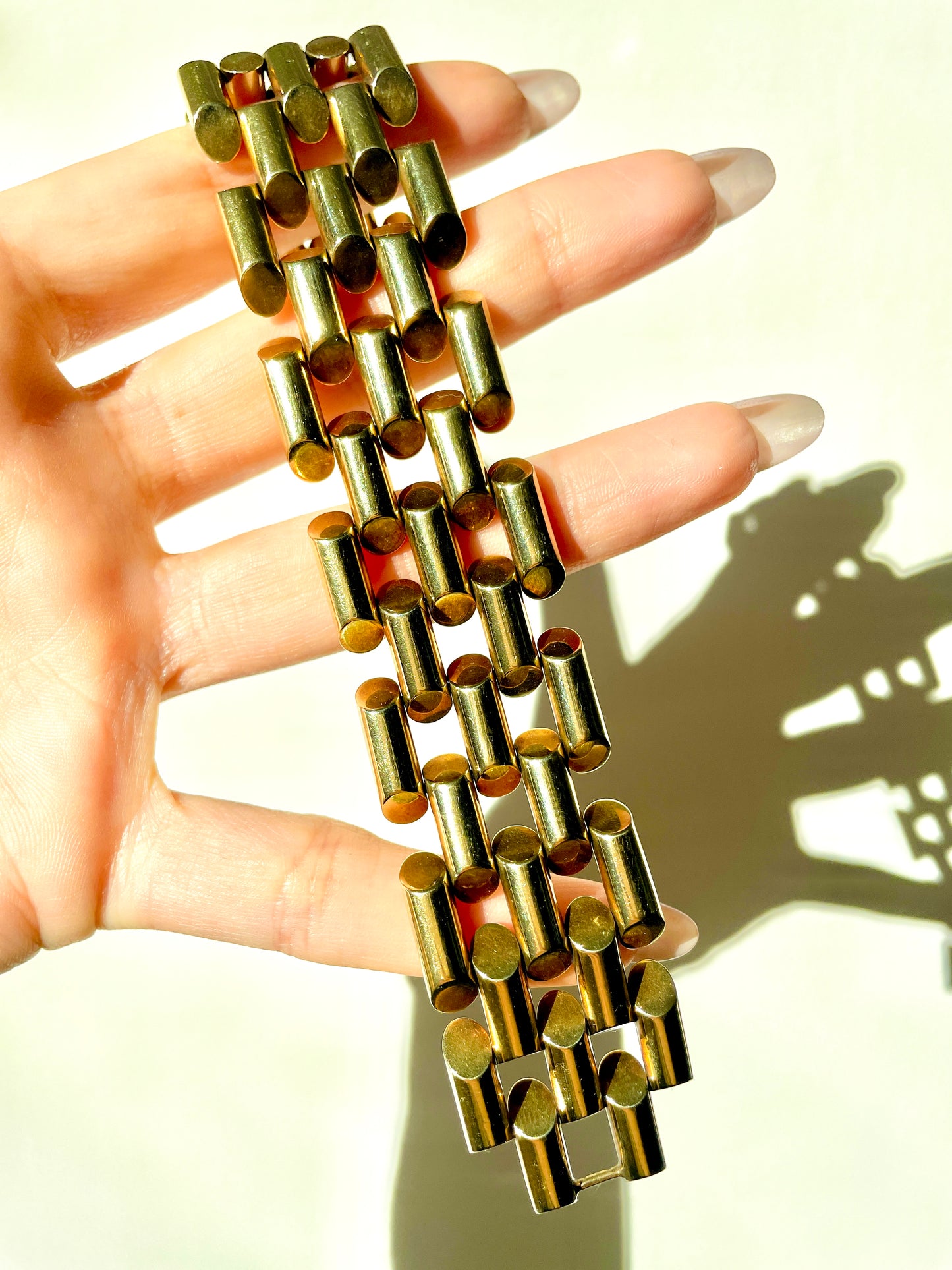 Vintage yellow 14K gold angled tube link super wide bracelet, 6.75 inch