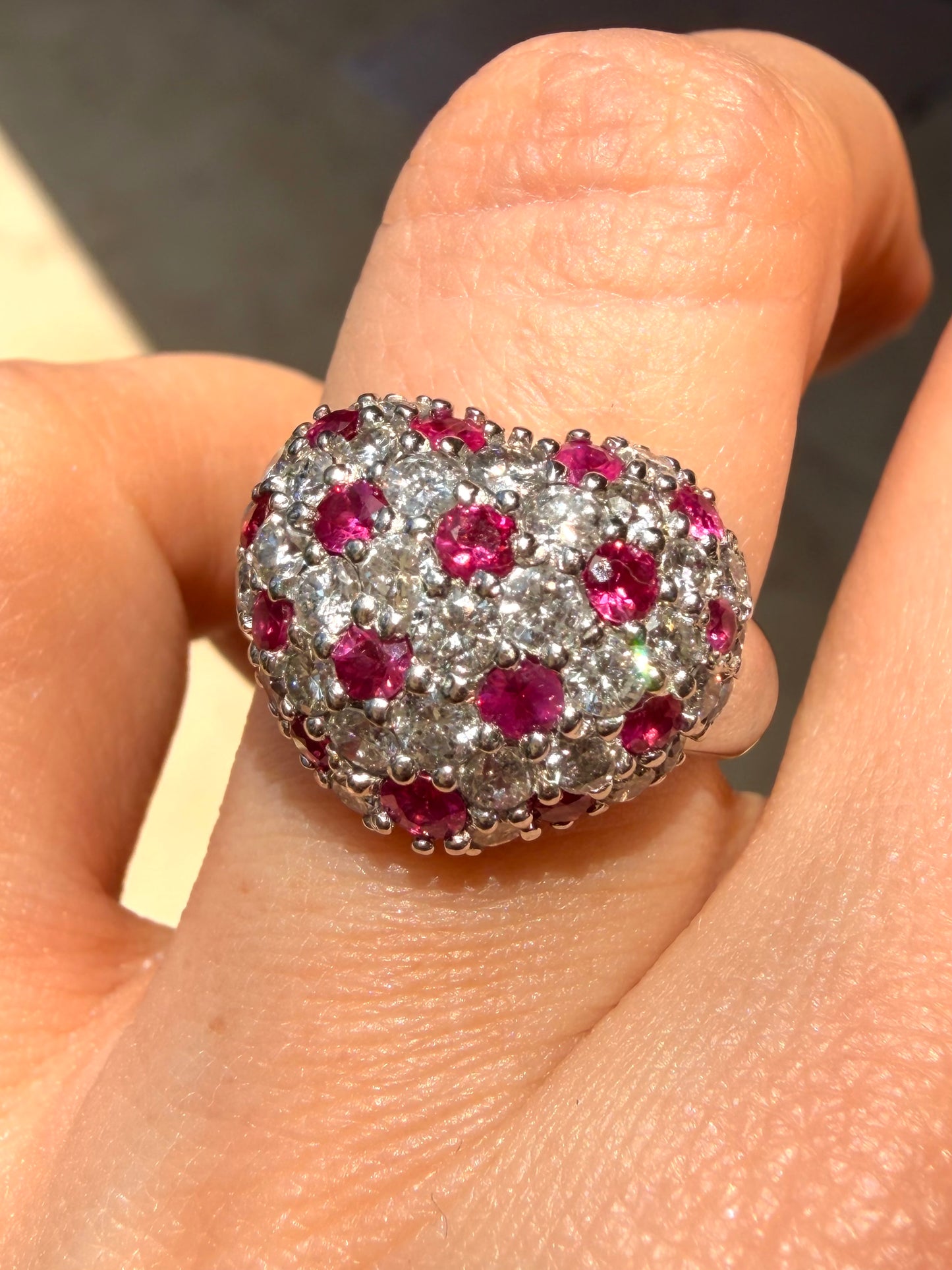 Vintage platinum over 1ctw diamond and 1ctw natural ruby heart ring, size 6