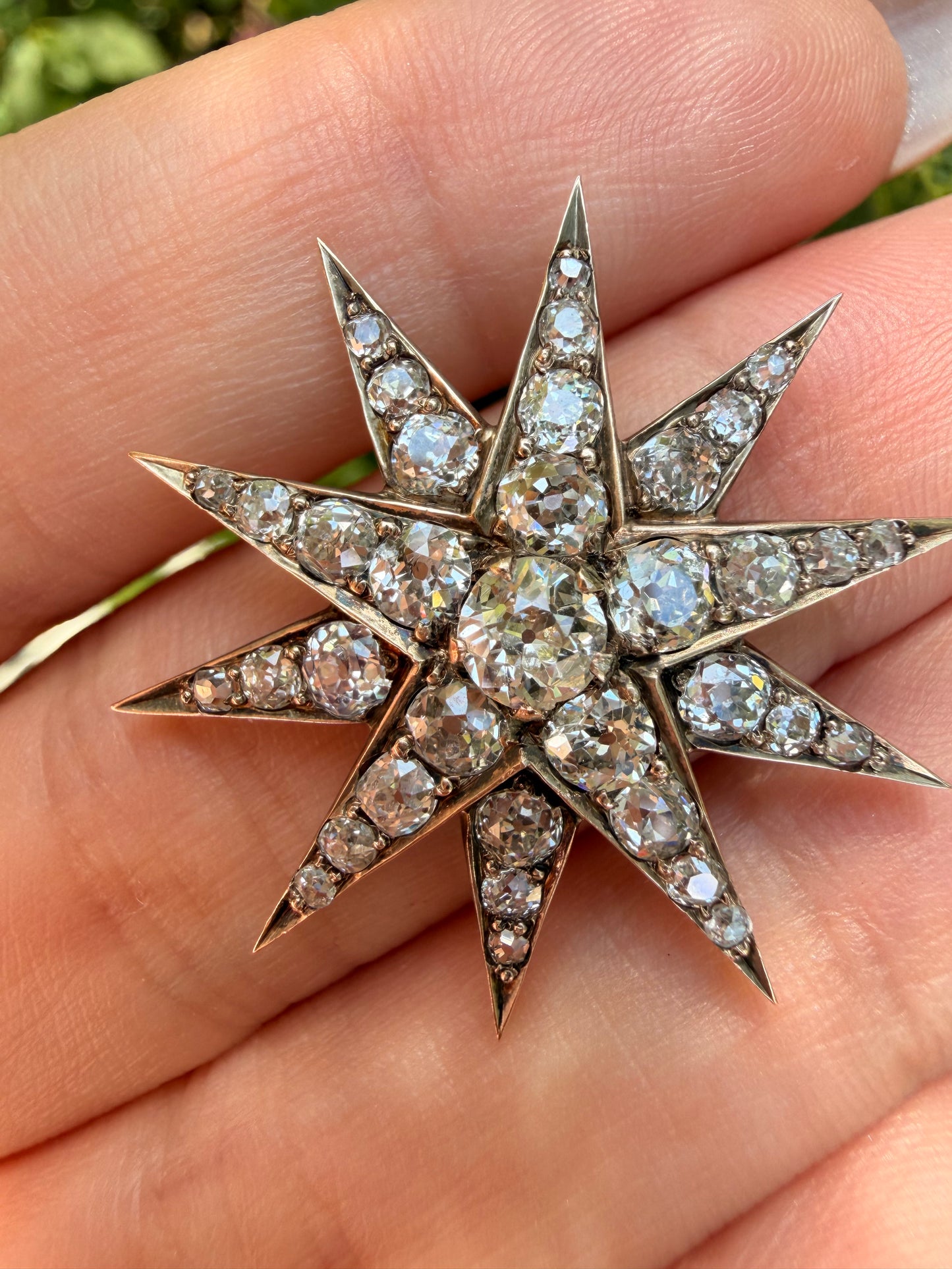 Antique 14K gold and silver approx 2 ctw Old Mine Cut diamond star and 3.5 ctw ruby and pearl convertible brooch pendant