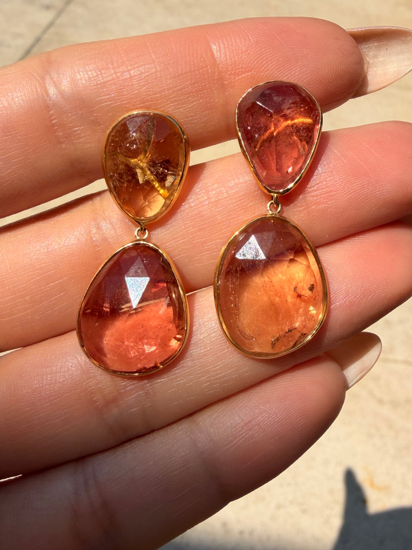 Vintage yellow 14K peach and pink tourmaline convertible drop earrings