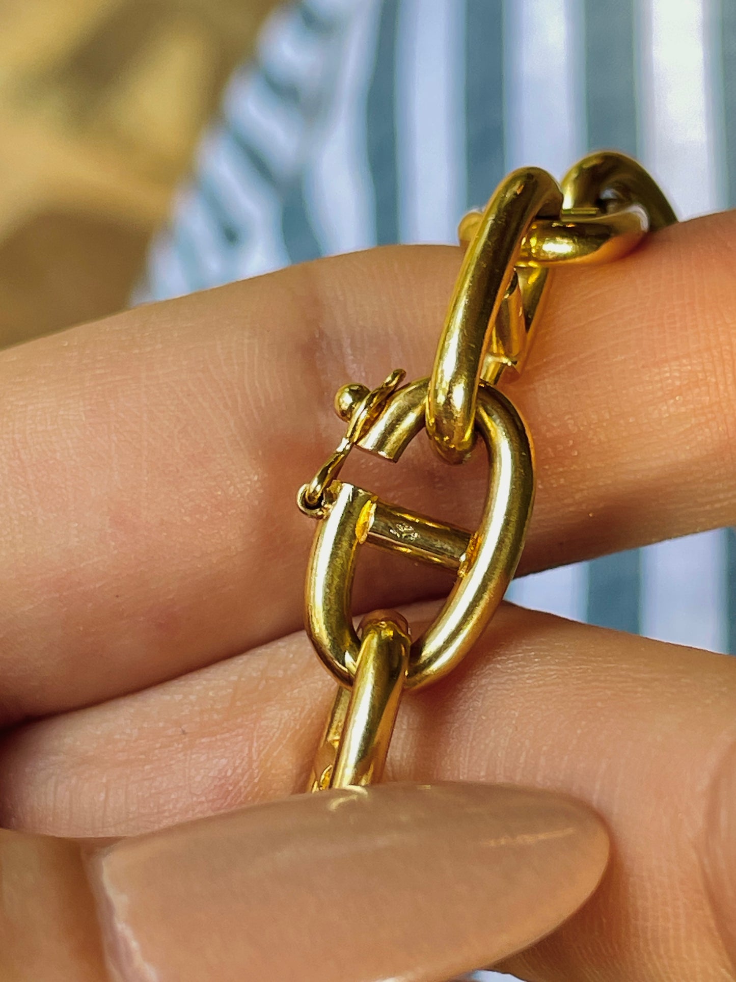 Vintage French yellow 18K gold round anchor link chain and bracelet set